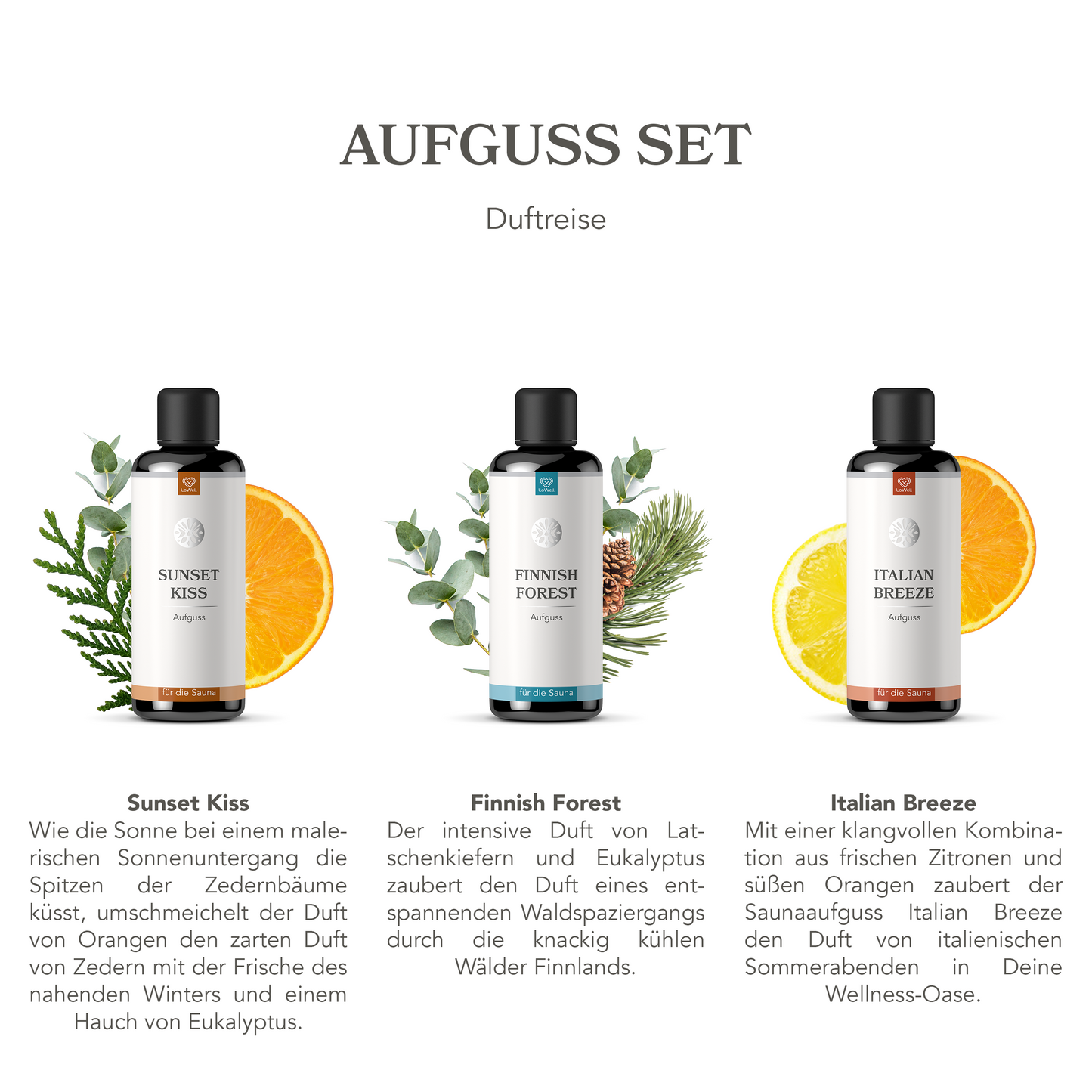 Saunaaufguss Set - Sunset Kiss, Italian Breeze und Finnish Forest - 3 x 100ml