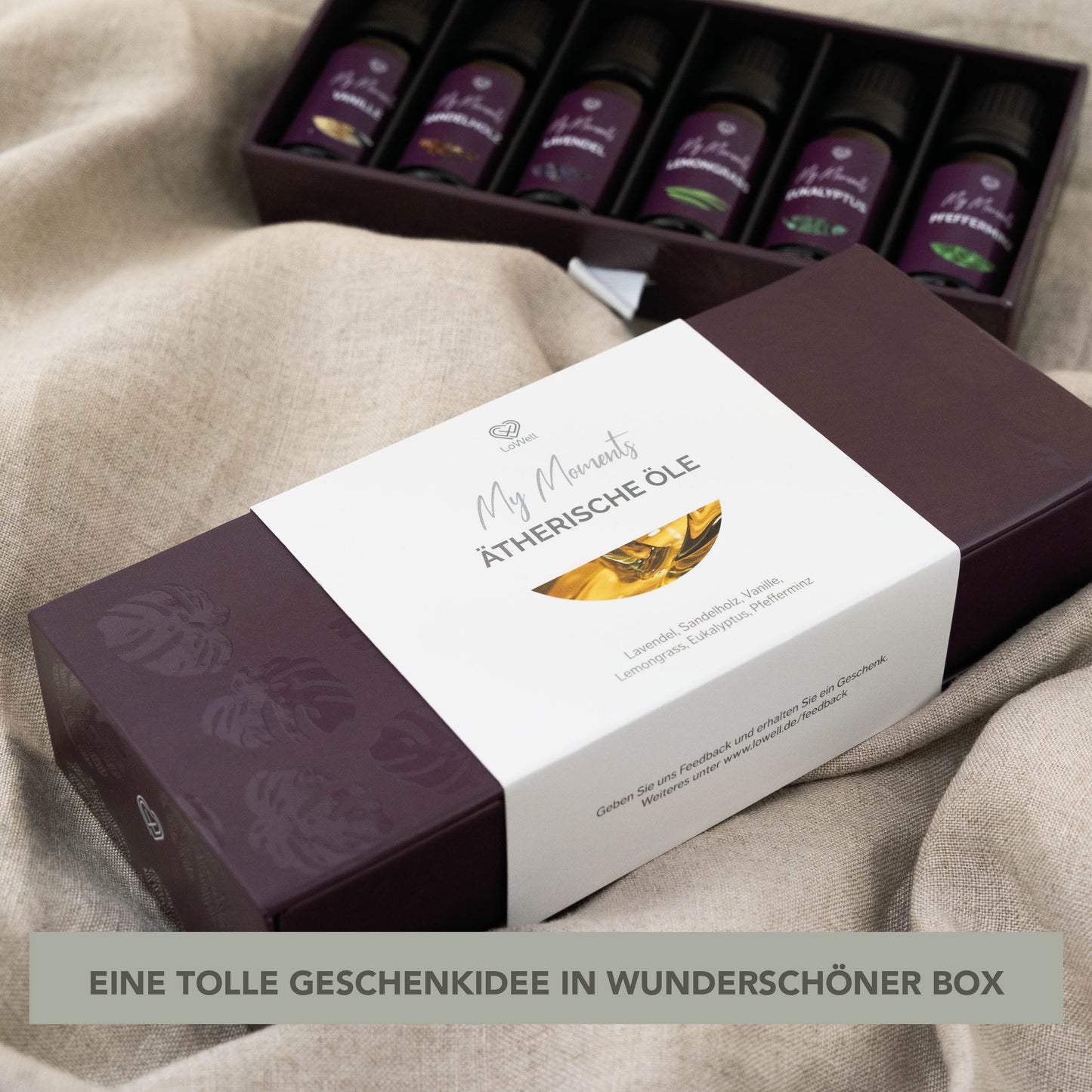 Ätherische Öle Geschenkset - Lavendel, Eukalyptus, Vanille, Lemongrass, Sandelholz, Pfefferminz - 6 x 10ml