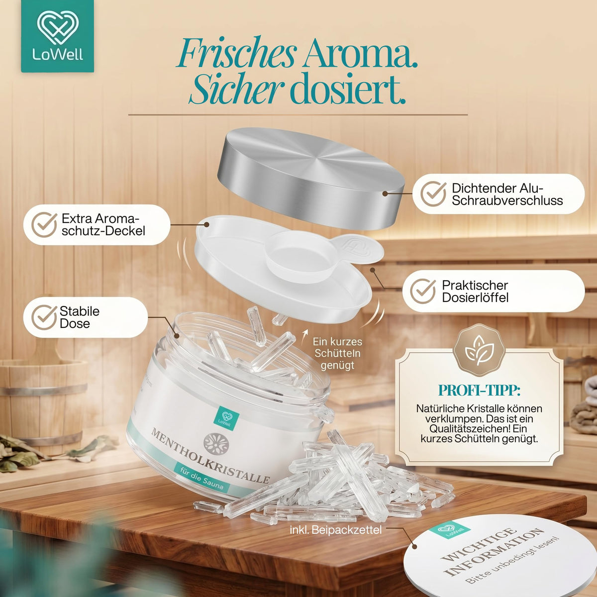 Explosionsdarstellung der Dose: Alu-Schraubdeckel, Aromaschutzdeckel mit Dosierlöffel und Kristalle