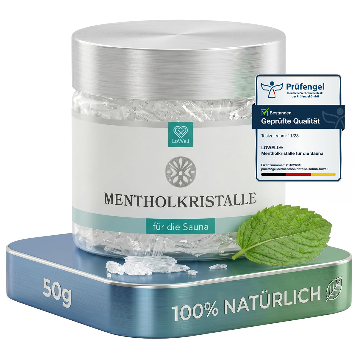 LoWell Mentholkristalle für die Sauna, 50-g-Dose mit Alu-Deckel und Minzblatt