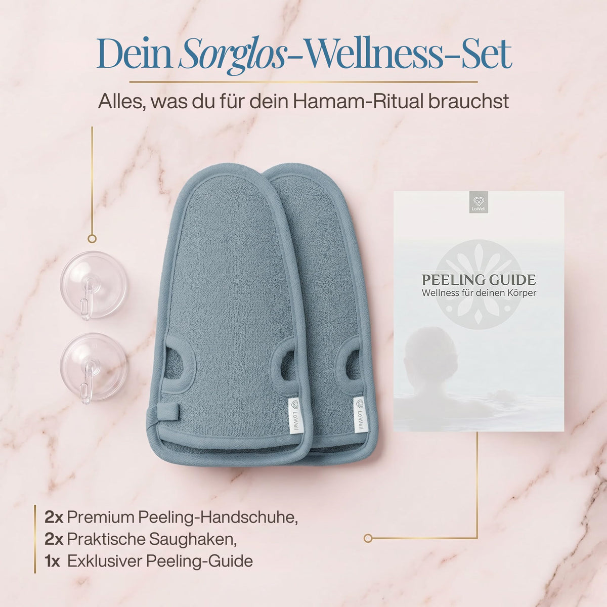 Lieferumfang auf hellem Stein: zwei Peeling-Handschuhe in Grau und zwei Saughaken