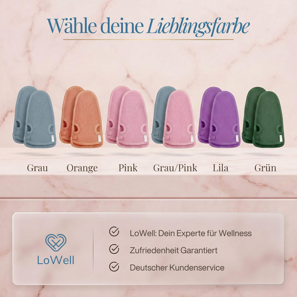 Farbübersicht der Peeling-Handschuhe auf hellem Stein: Grau, Orange, Pink, Grau/Pink, Lila und Grün
