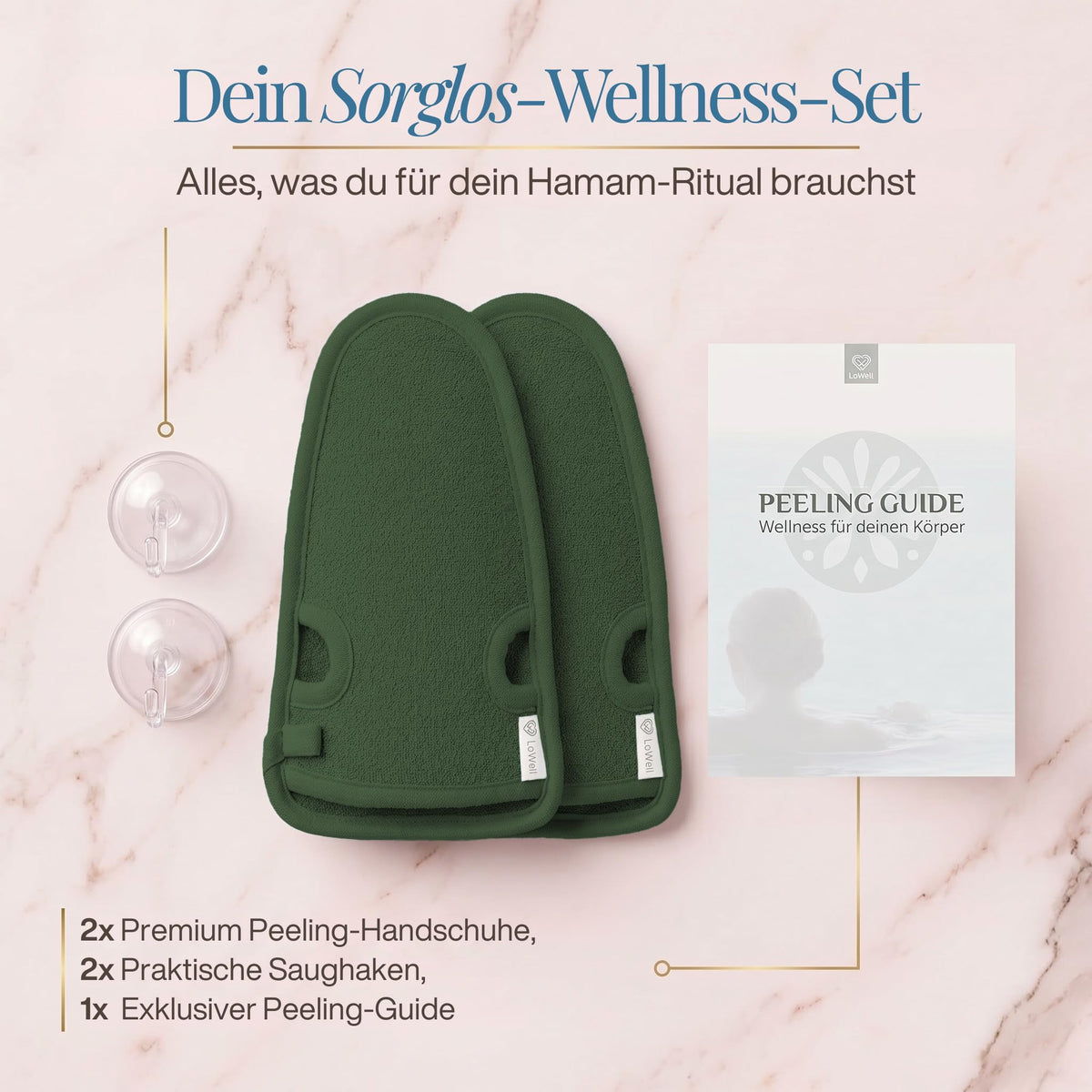 Lieferumfang auf hellem Stein: zwei Peeling-Handschuhe in Grün und zwei Saughaken