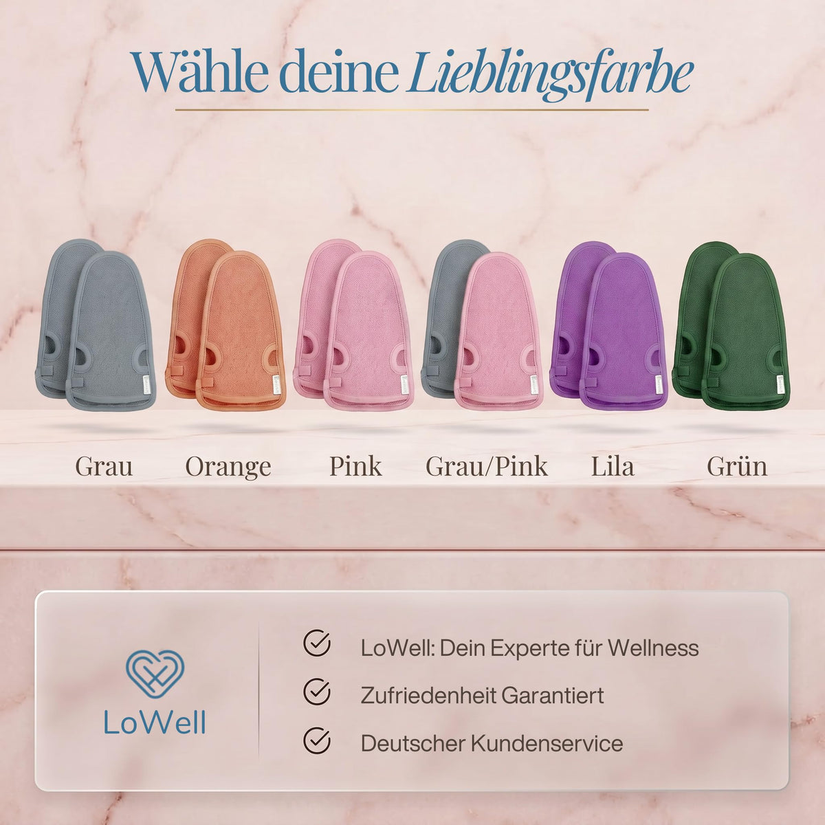 Farbübersicht der Peeling-Handschuhe auf hellem Stein: Grau, Orange, Pink, Grau/Pink, Lila und Grün