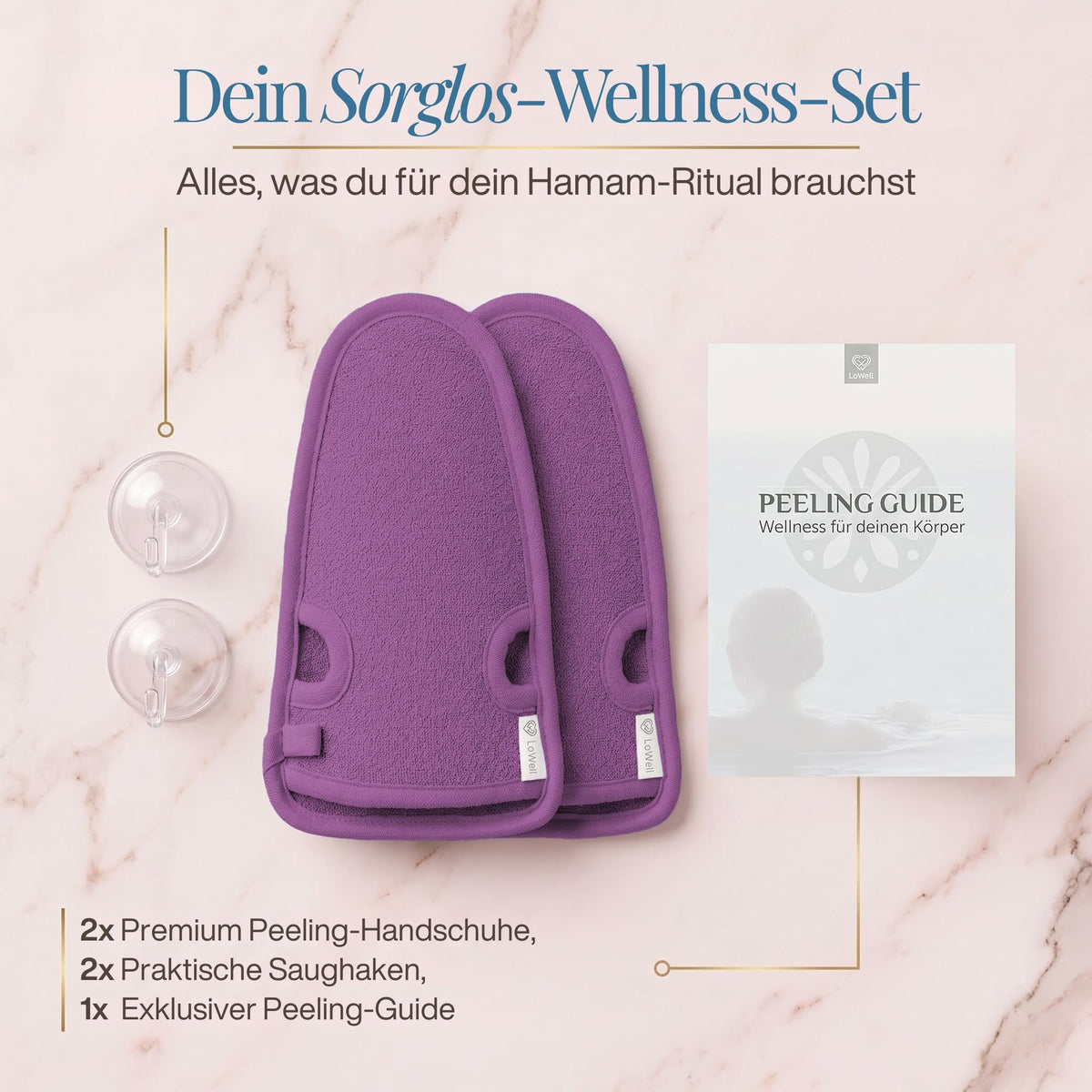 Lieferumfang auf hellem Stein: zwei Peeling-Handschuhe in Lila und zwei Saughaken