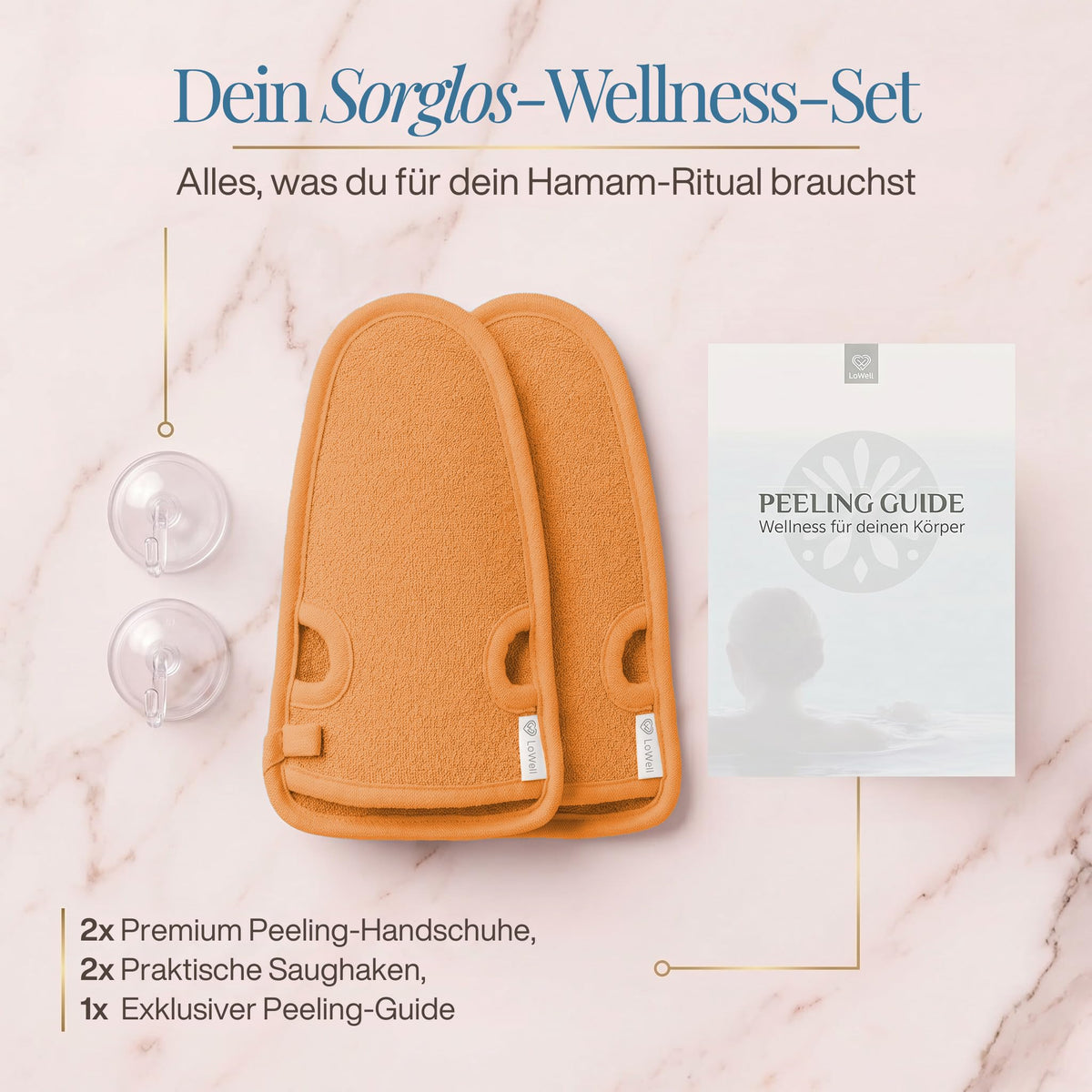 Lieferumfang auf hellem Stein: zwei Peeling-Handschuhe in Orange und zwei Saughaken