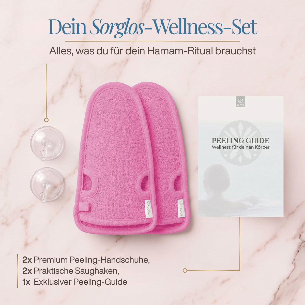 Lieferumfang auf hellem Stein: zwei Peeling-Handschuhe in Pink und zwei Saughaken