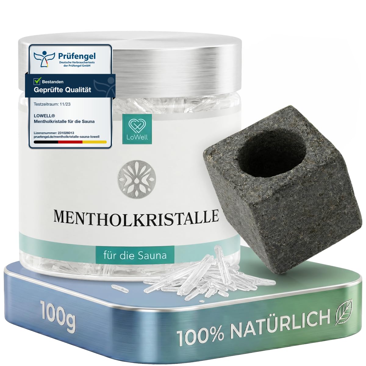 Dose LoWell Mentholkristalle für die Sauna, 100 g, mit Aufgussstein und losen Kristallen