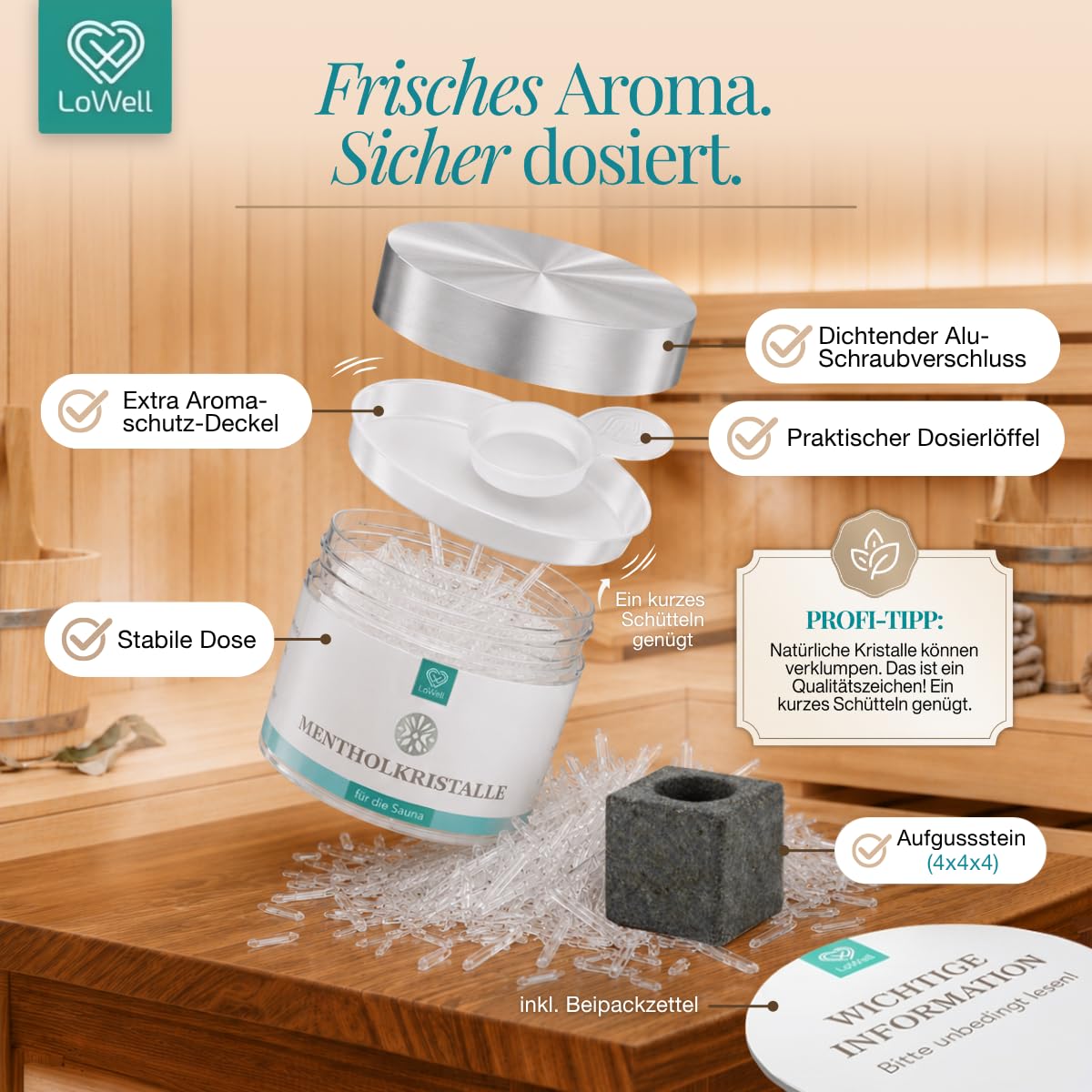 Einzelteile der Dose: Schraubdeckel, Aromaschutzdeckel, Dosierlöffel, dazu Aufgussstein