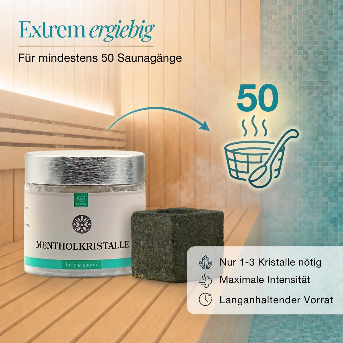 Dose Mentholkristalle und Aufgussstein auf einer Saunabank, daneben Grafik mit Aufgusskübel und der Zahl 50