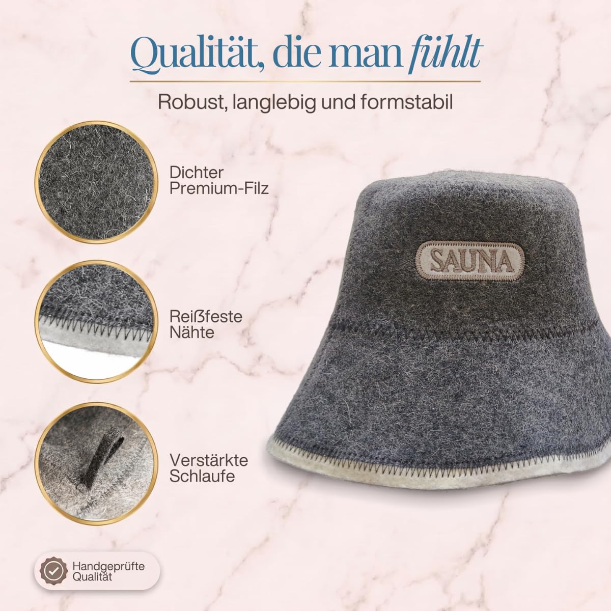 Saunahut mit Aufschrift „Sauna“ freigestellt mit drei Nahaufnahmen von Filz, Naht und Schlaufe