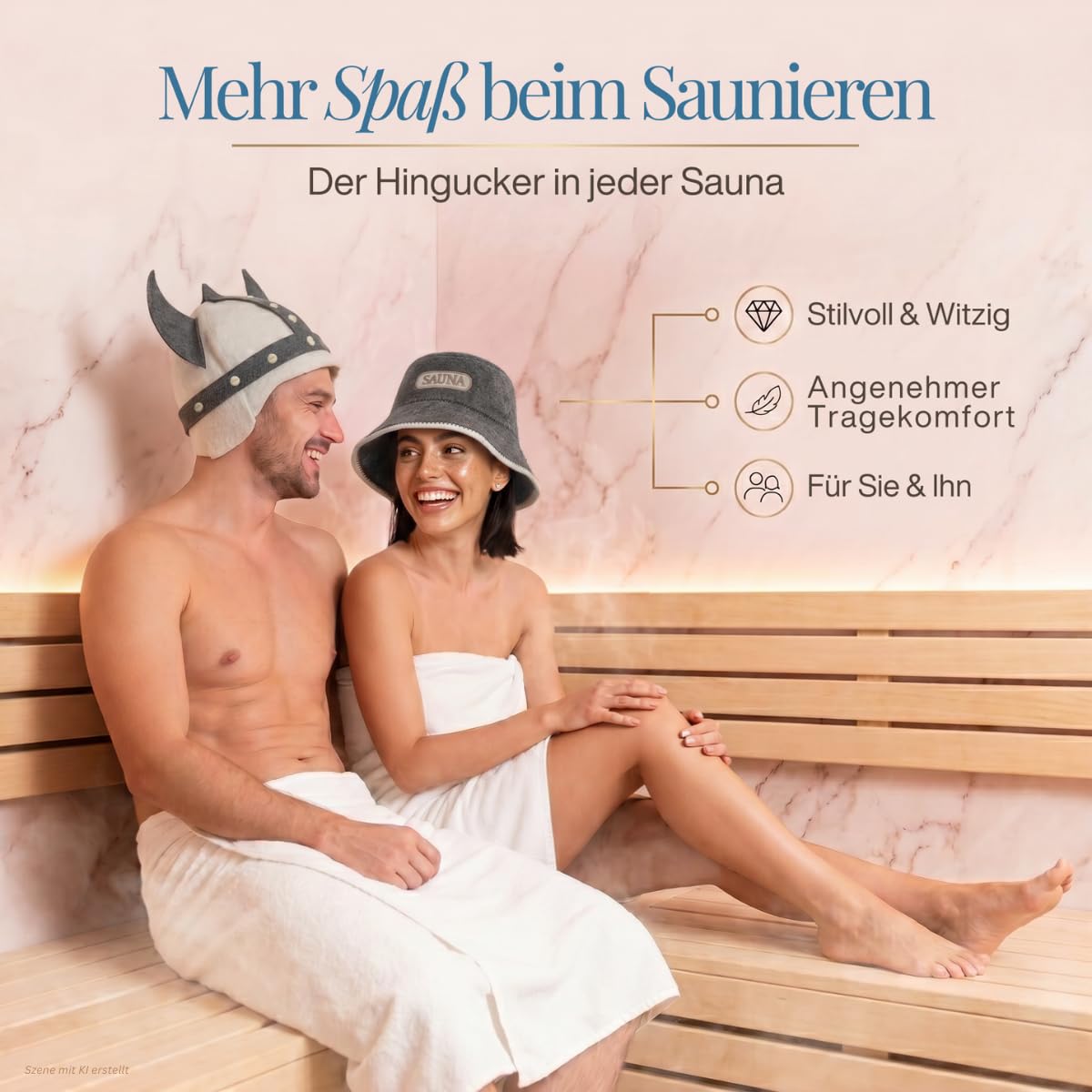 Paar auf einer Saunabank, er mit Saunahut „Germanius hell“, sie mit Saunahut mit Aufschrift „Sauna“