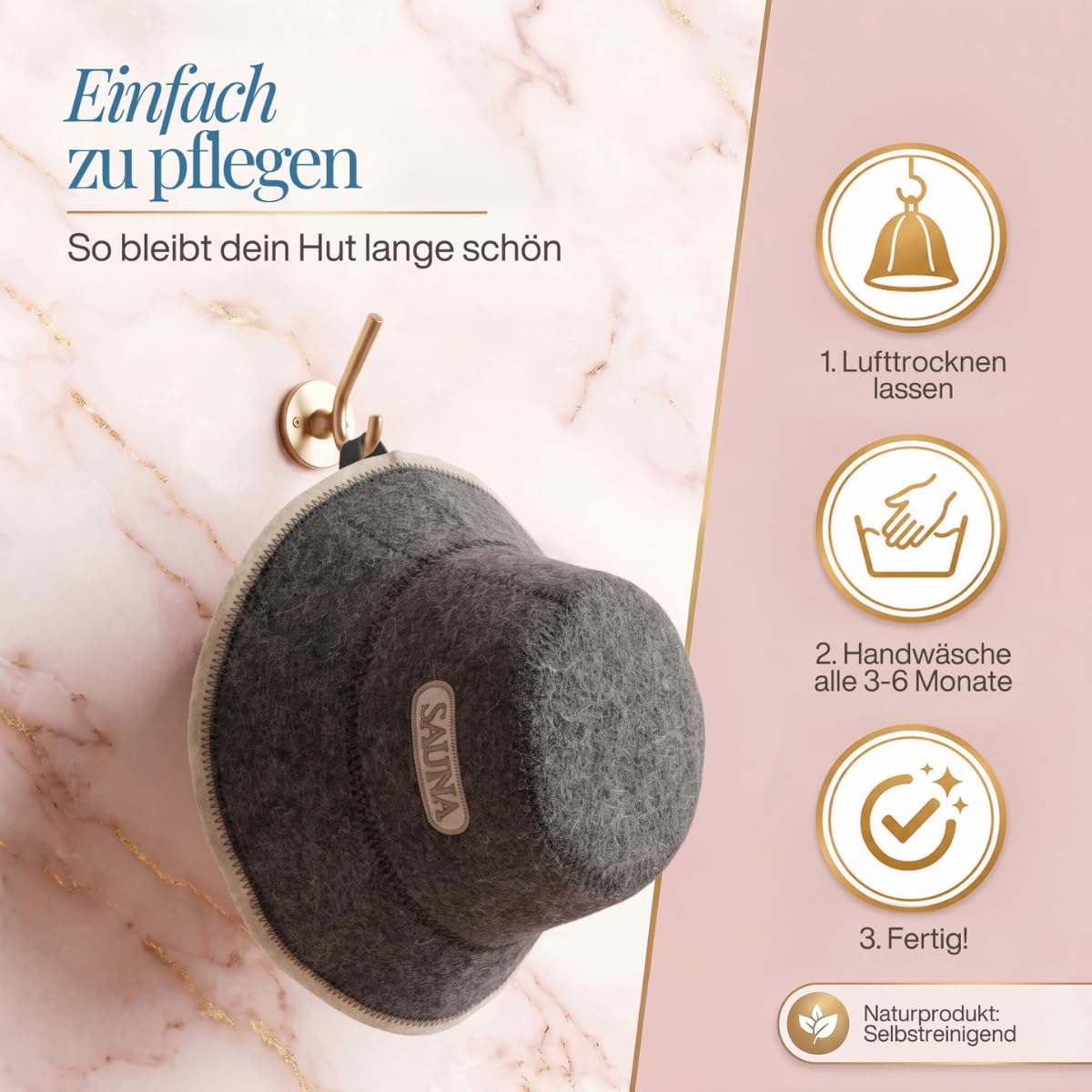 Saunahut mit Aufschrift „Sauna“ an einem Wandhaken, daneben drei Pflegeschritte als Symbole