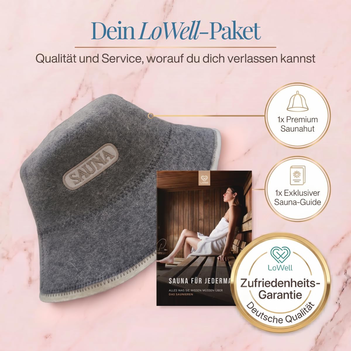 Saunahut mit Aufschrift „Sauna“ unter der Überschrift „Dein LoWell-Paket“, daneben ein LoWell-Abzeichen