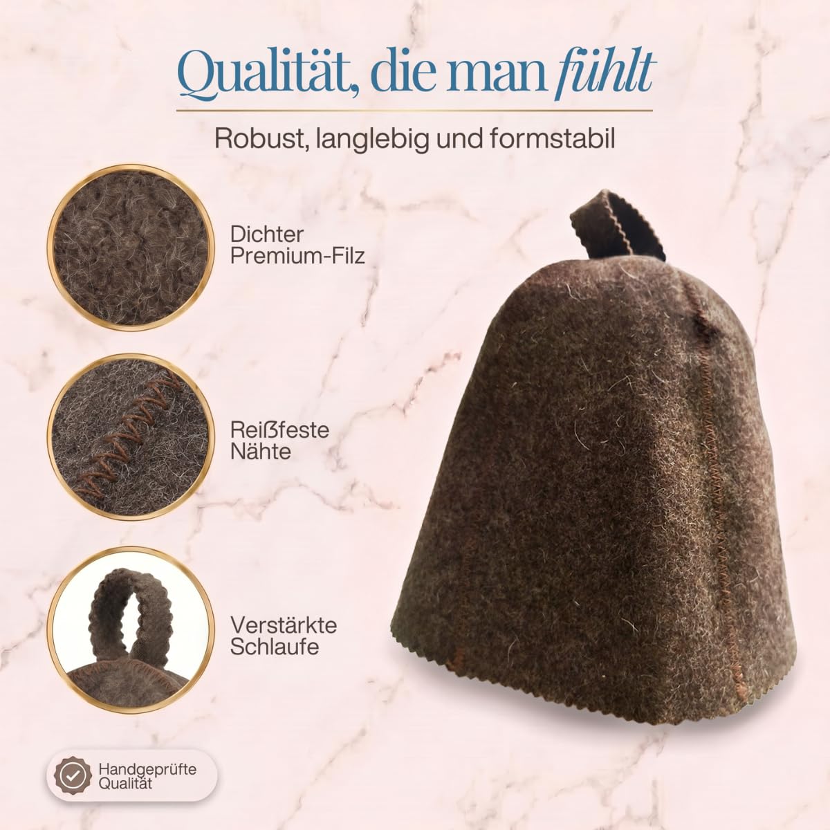 Saunahut „Braun“ freigestellt mit drei Nahaufnahmen von Filz, Naht und Schlaufe