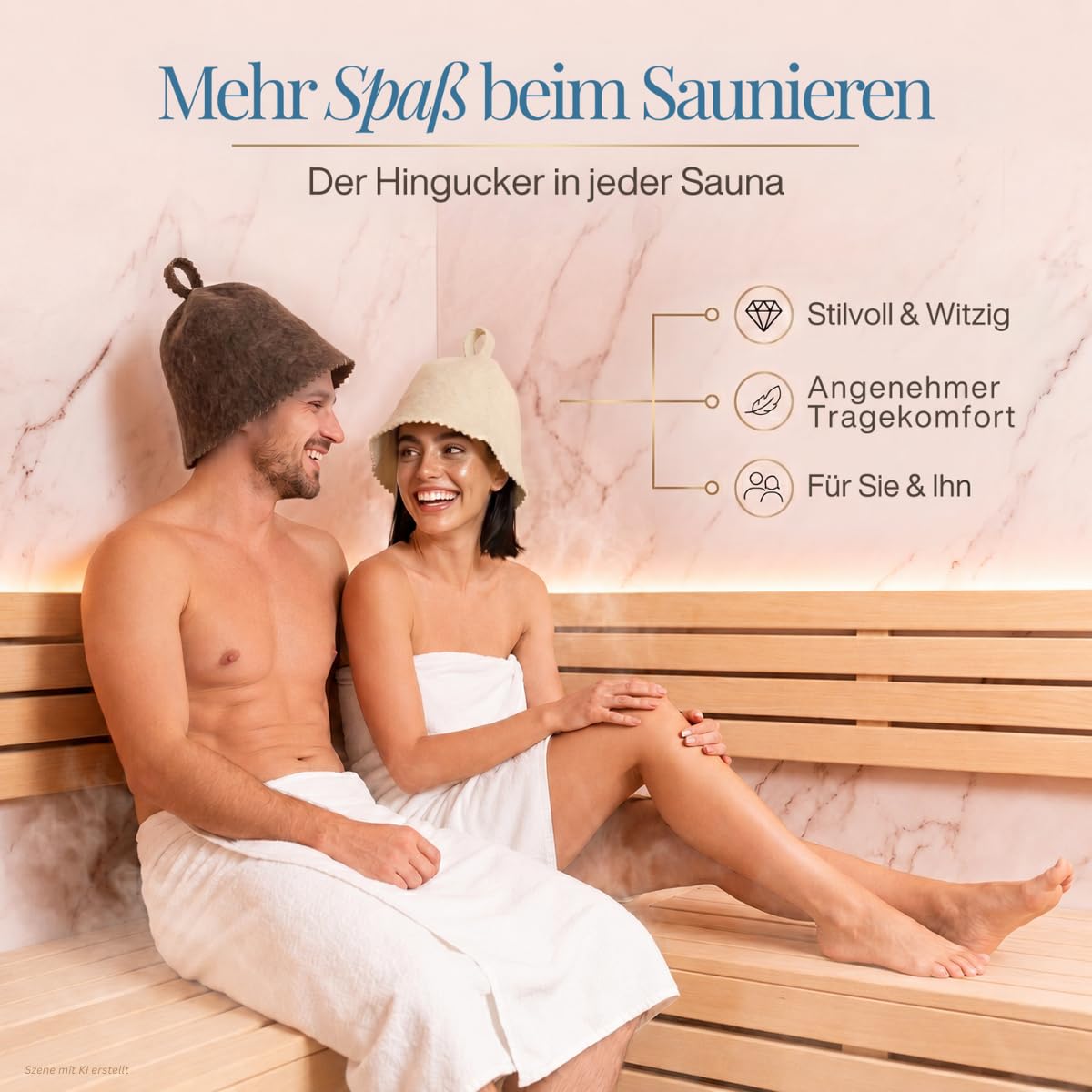 Paar auf einer Saunabank, er mit Saunahut „Braun“, sie mit Saunahut „Weiß“
