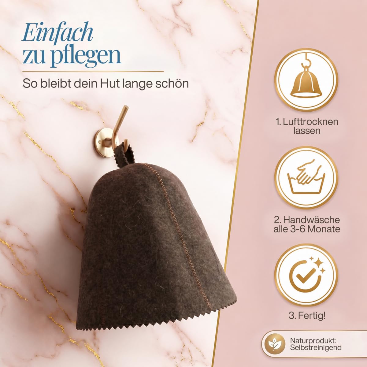 Saunahut „Braun“ an einem Wandhaken, daneben drei Pflegeschritte als Symbole