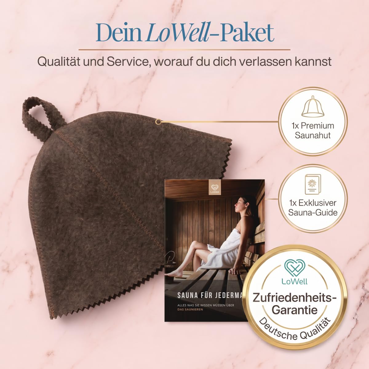 Saunahut „Braun“ unter der Überschrift „Dein LoWell-Paket“, daneben ein LoWell-Abzeichen