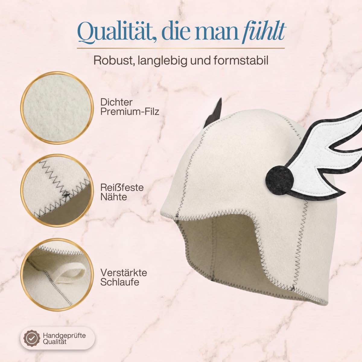 Saunahut „Flügel“ freigestellt mit drei Nahaufnahmen von Filz, Naht und Schlaufe