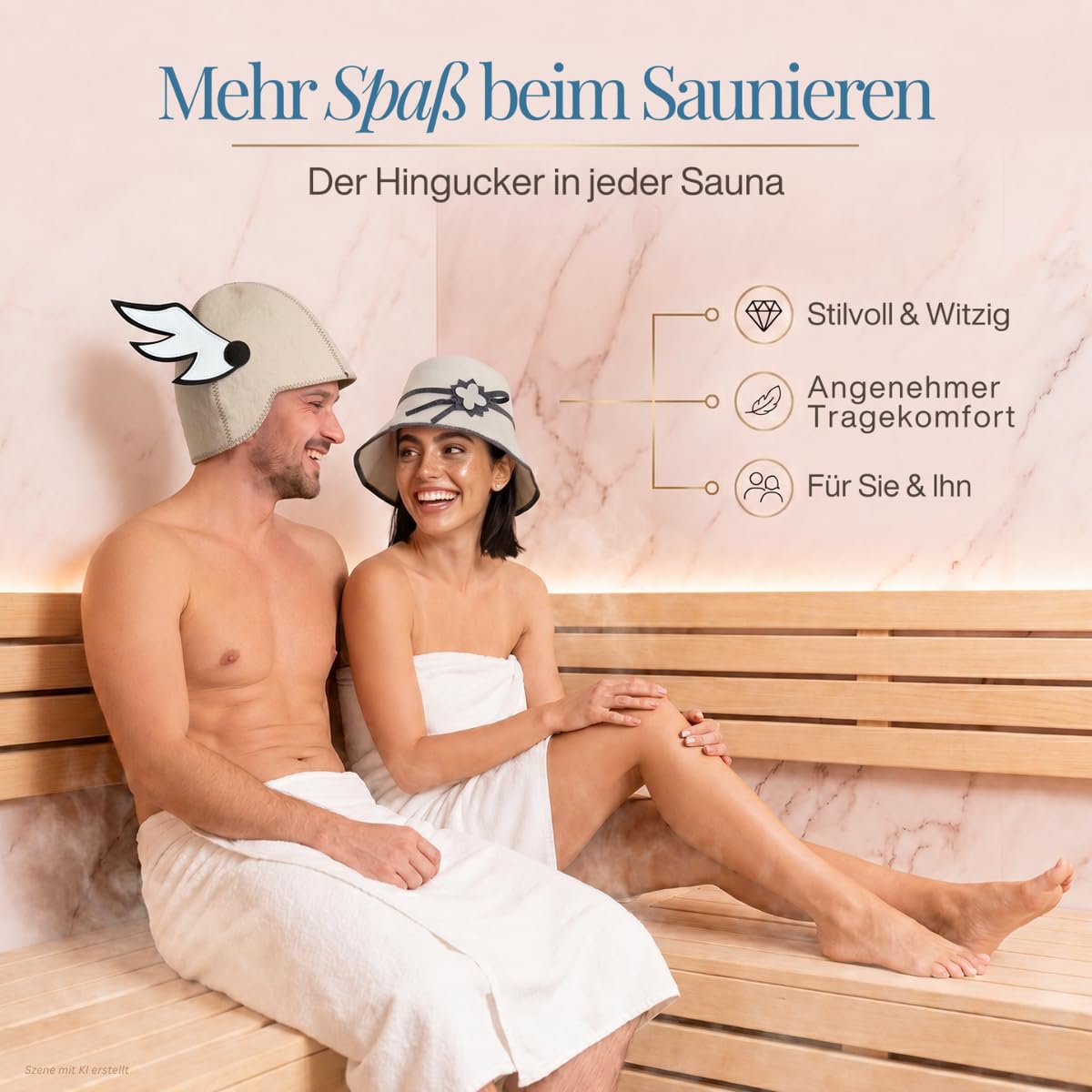 Paar auf einer Saunabank, er mit Saunahut „Flügel“, sie mit Saunahut „Blume“