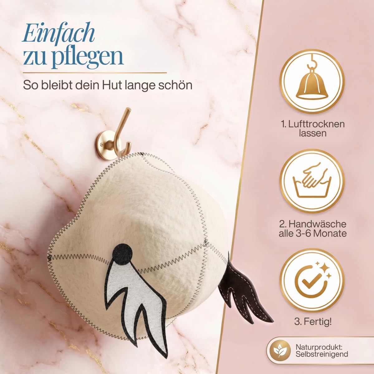 Saunahut „Flügel“ an einem Wandhaken, daneben drei Pflegeschritte als Symbole