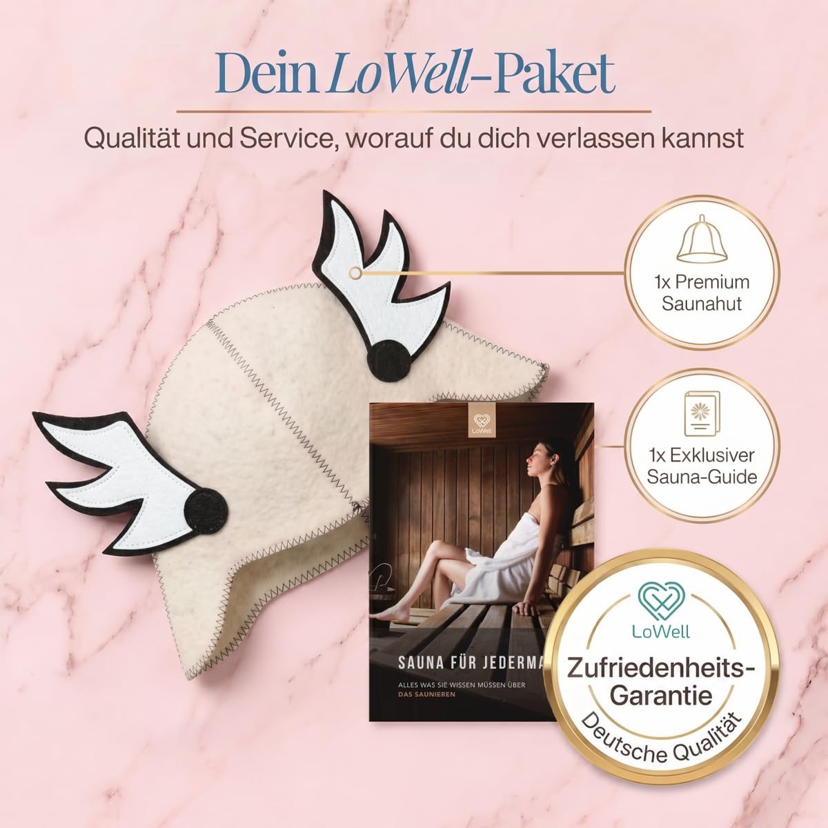 Saunahut „Flügel“ unter der Überschrift „Dein LoWell-Paket“, daneben ein LoWell-Abzeichen