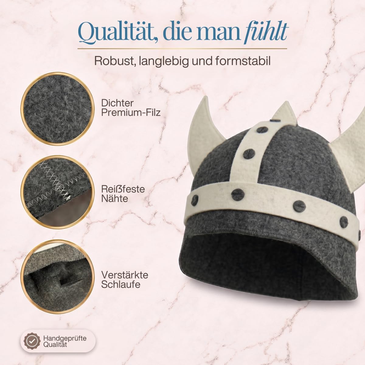 Saunahut „Germanius dunkel“ freigestellt mit drei Nahaufnahmen von Filz, Naht und Schlaufe