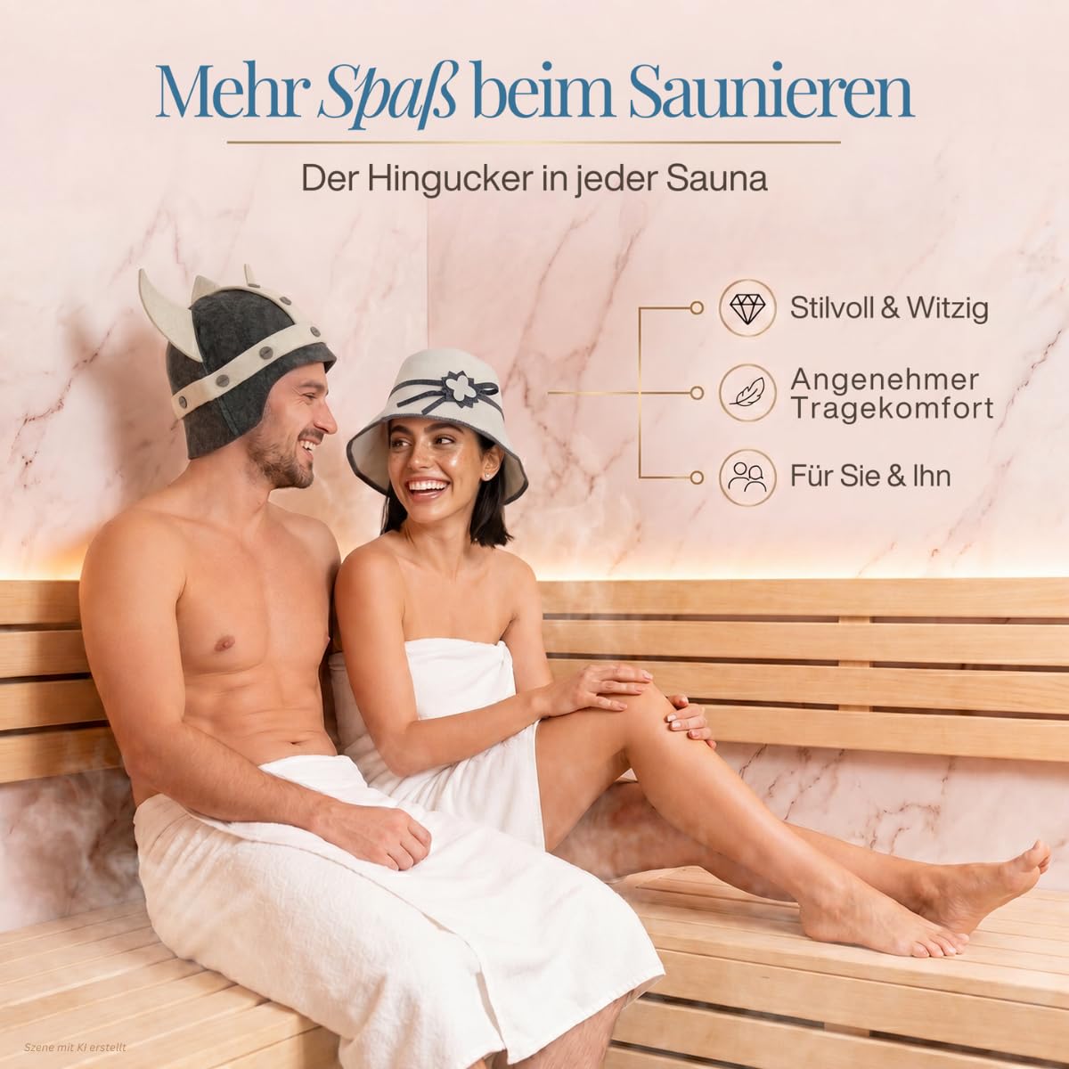 Paar auf einer Saunabank, er mit Saunahut „Germanius dunkel“, sie mit Saunahut „Blume“