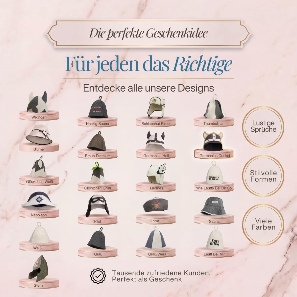 Übersicht von 21 Saunahut-Designs auf Podesten, das Modell „Germanius dunkel“ ist hervorgehoben