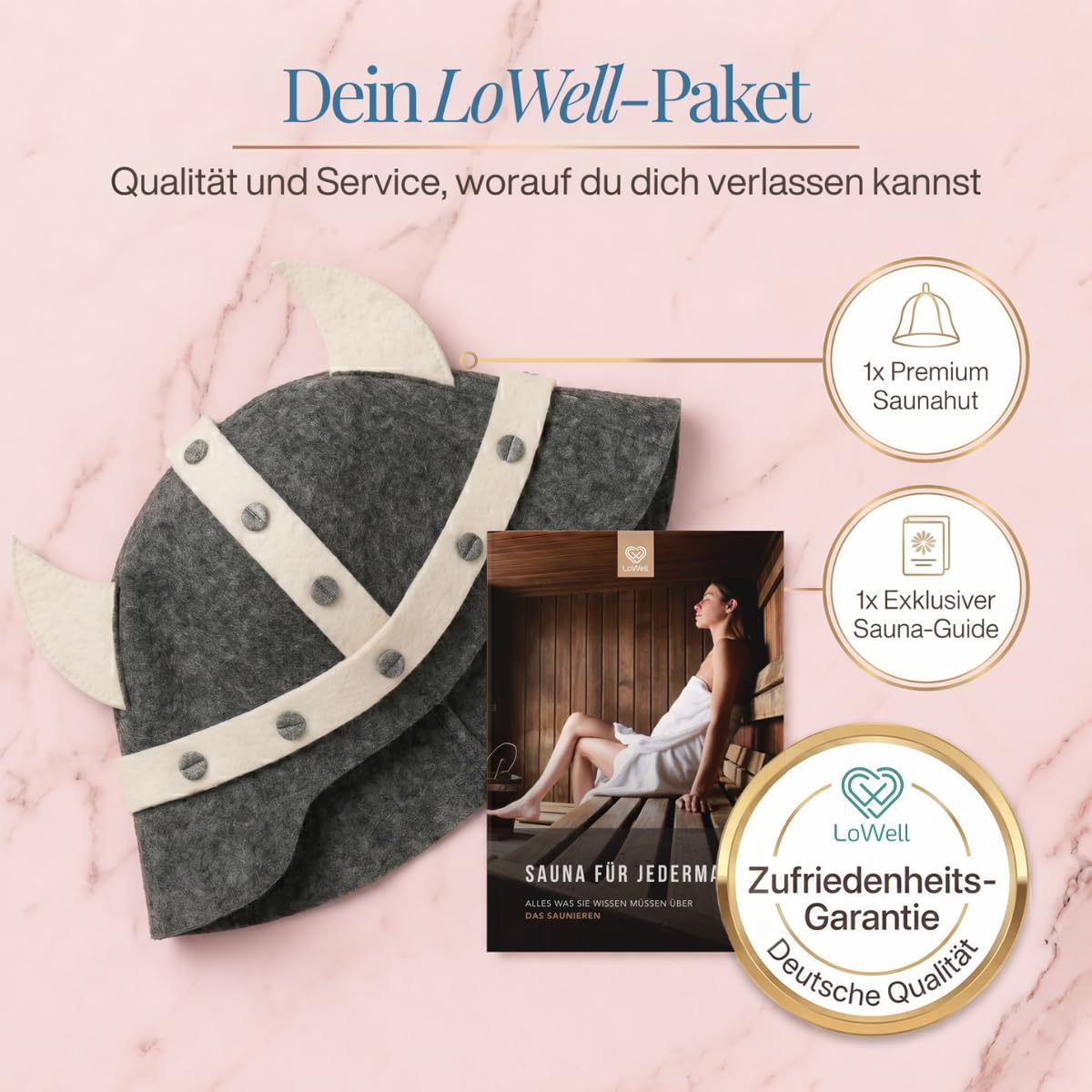 Saunahut „Germanius dunkel“ unter der Überschrift „Dein LoWell-Paket“, daneben ein LoWell-Abzeichen