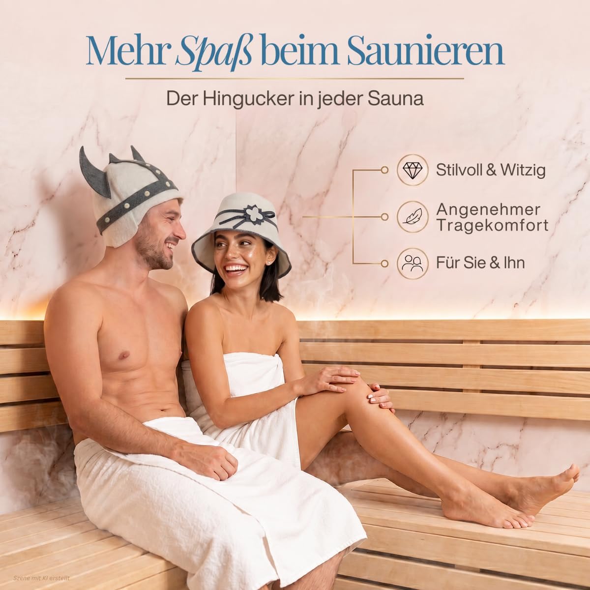 Paar auf einer Saunabank, er mit Saunahut „Germanius hell“, sie mit Saunahut „Blume“