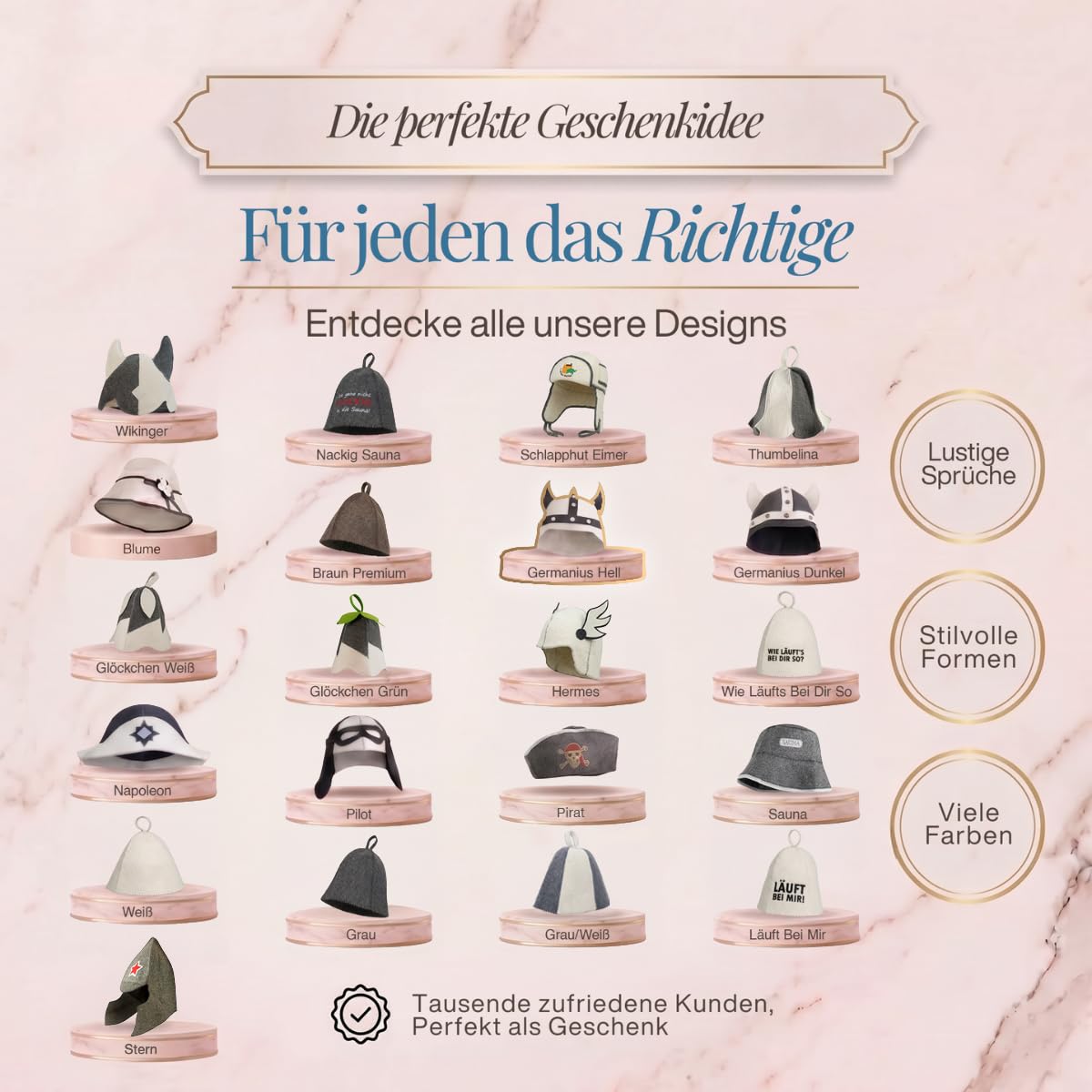 Übersicht von 21 Saunahut-Designs auf Podesten, das Modell „Germanius hell“ ist hervorgehoben