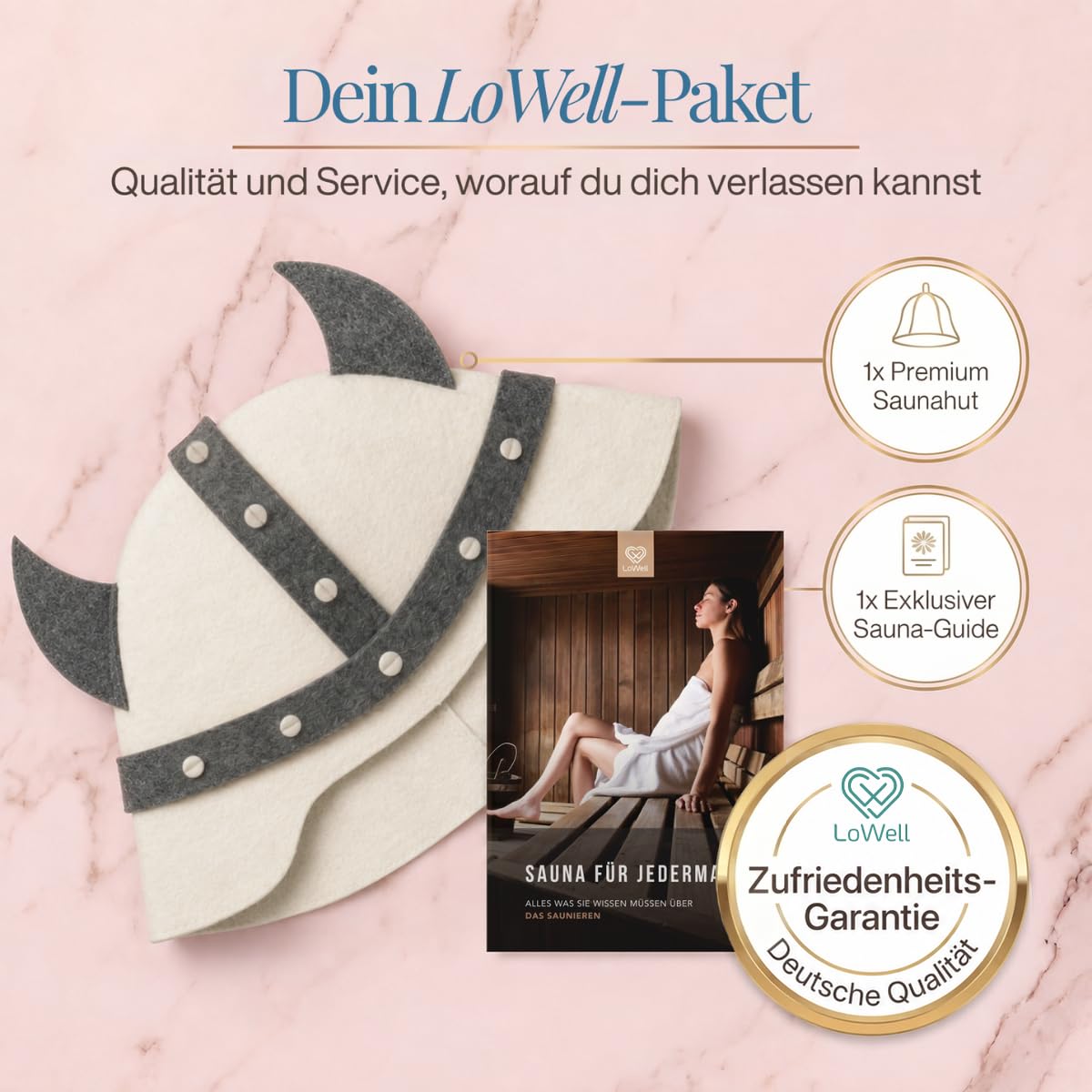 Saunahut „Germanius hell“ unter der Überschrift „Dein LoWell-Paket“, daneben ein LoWell-Abzeichen