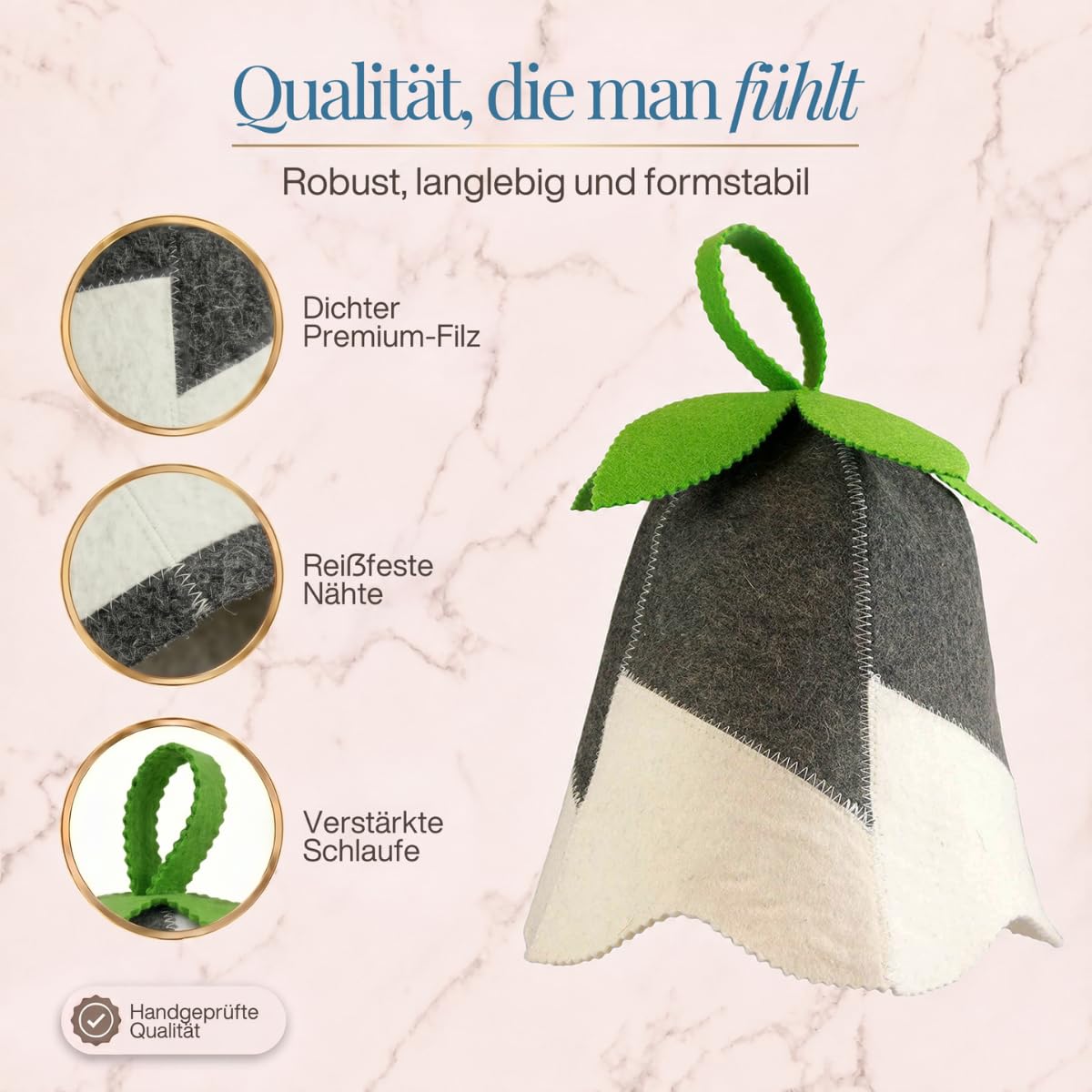 Saunahut „Glöckchen Grün“ freigestellt mit drei Nahaufnahmen von Filz, Naht und Schlaufe