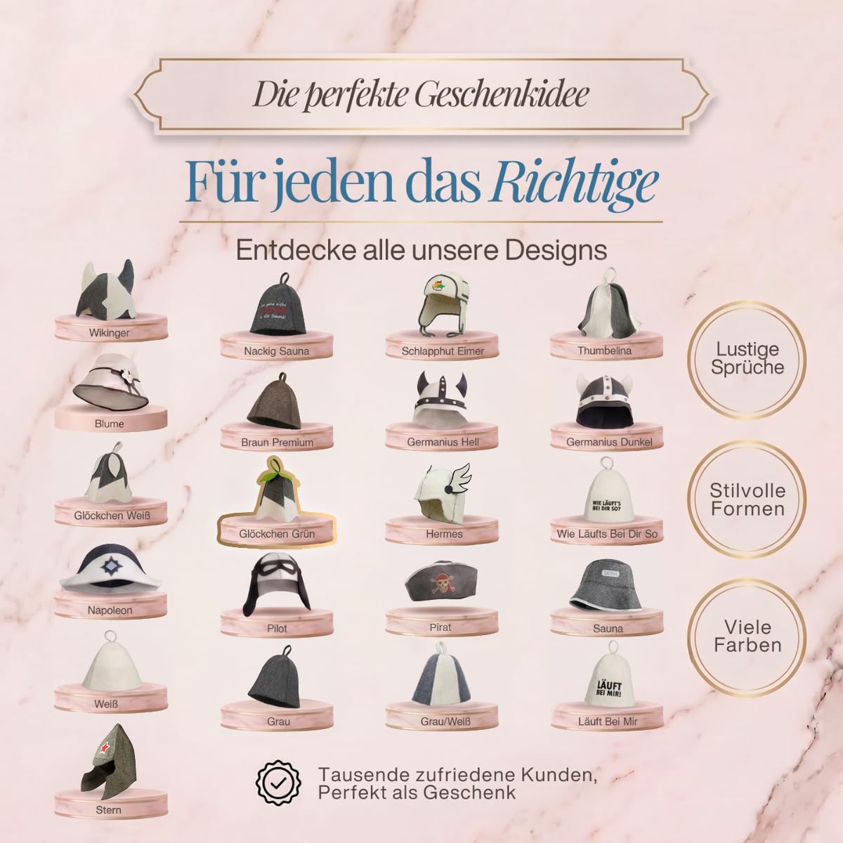 Übersicht von 21 Saunahut-Designs auf Podesten, das Modell „Glöckchen Grün“ ist hervorgehoben