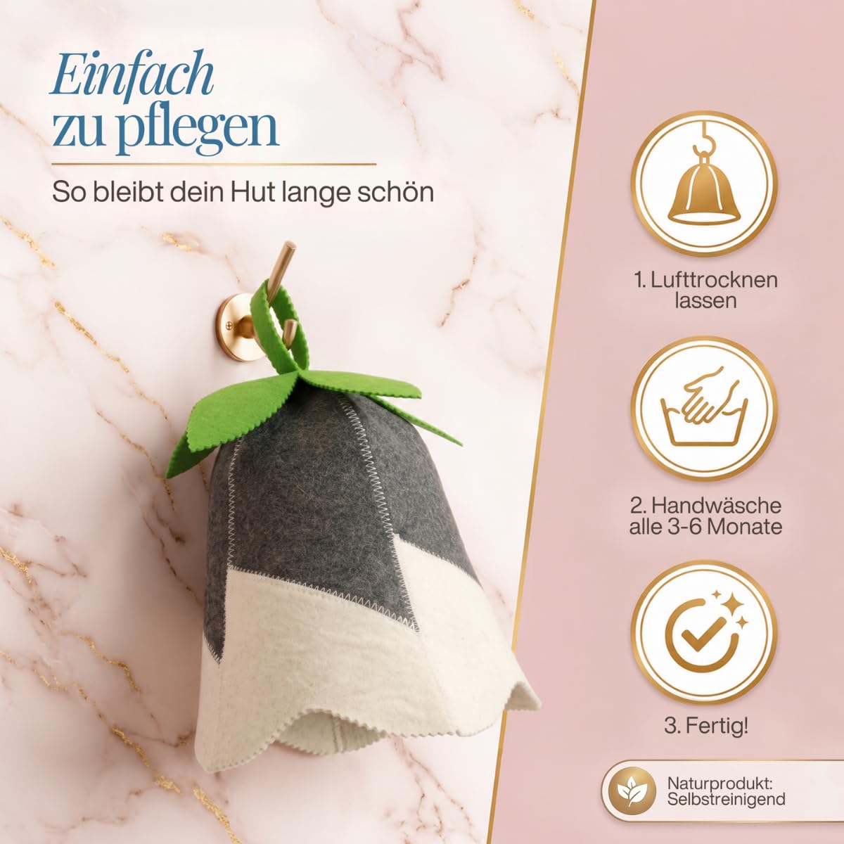 Saunahut „Glöckchen Grün“ an einem Wandhaken, daneben drei Pflegeschritte als Symbole