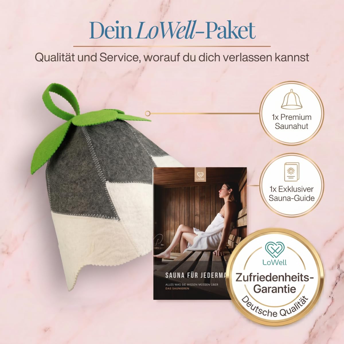 Saunahut „Glöckchen Grün“ unter der Überschrift „Dein LoWell-Paket“, daneben ein LoWell-Abzeichen