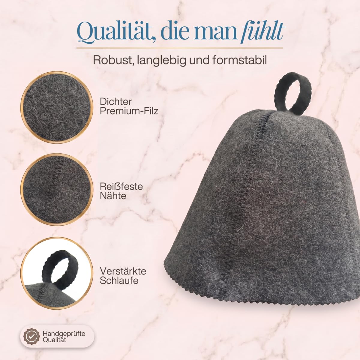 Saunahut „Grau“ freigestellt mit drei Nahaufnahmen von Filz, Naht und Schlaufe