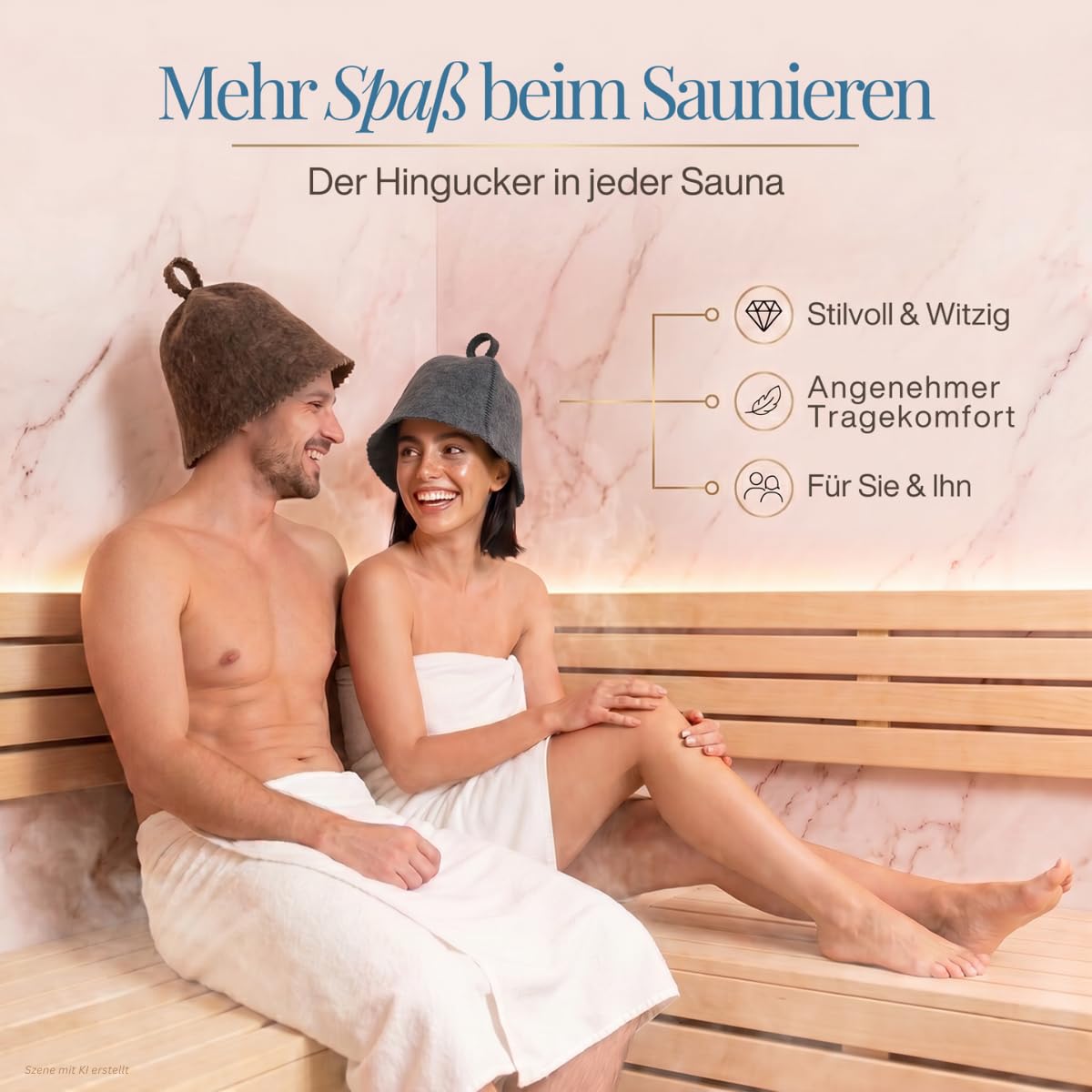 Paar auf einer Saunabank, er mit Saunahut „Braun“, sie mit Saunahut „Grau“