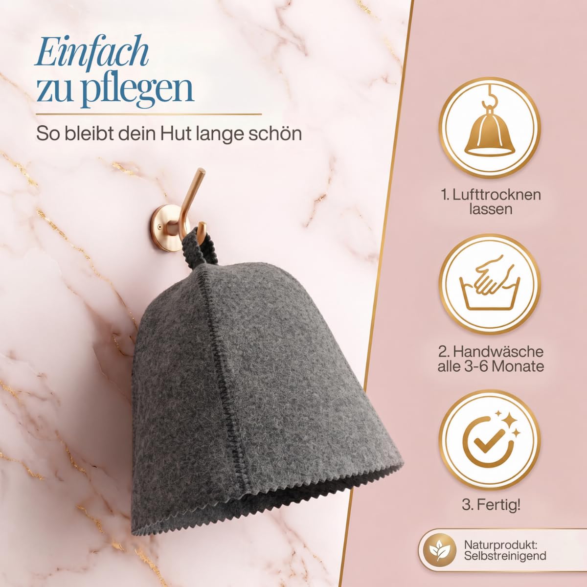 Saunahut „Grau“ an einem Wandhaken, daneben drei Pflegeschritte als Symbole