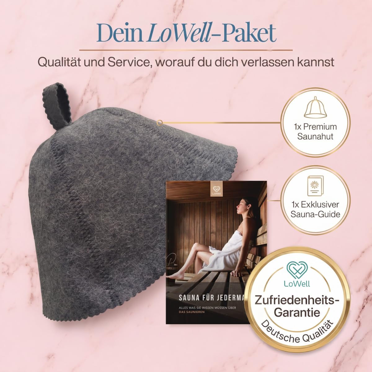 Saunahut „Grau“ unter der Überschrift „Dein LoWell-Paket“, daneben ein LoWell-Abzeichen