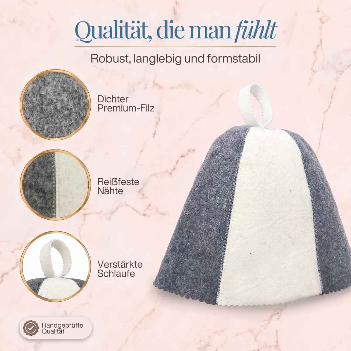 Saunahut „Grau/Weiß“ freigestellt mit drei Nahaufnahmen von Filz, Naht und Schlaufe