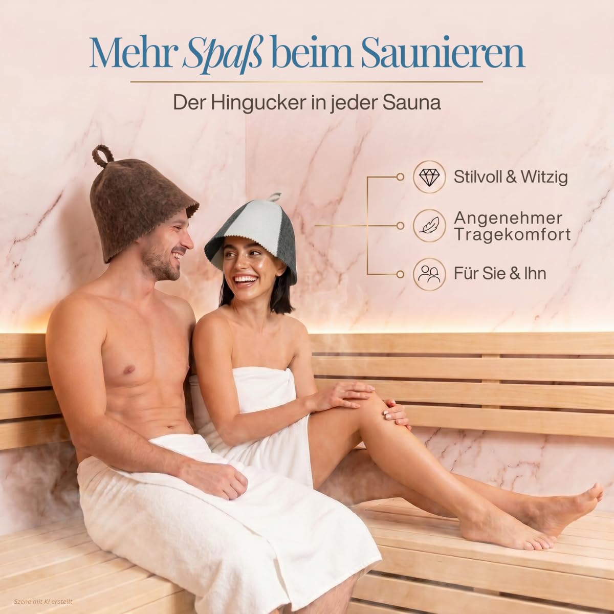 Paar auf einer Saunabank, er mit Saunahut „Braun“, sie mit Saunahut „Grau/Weiß“