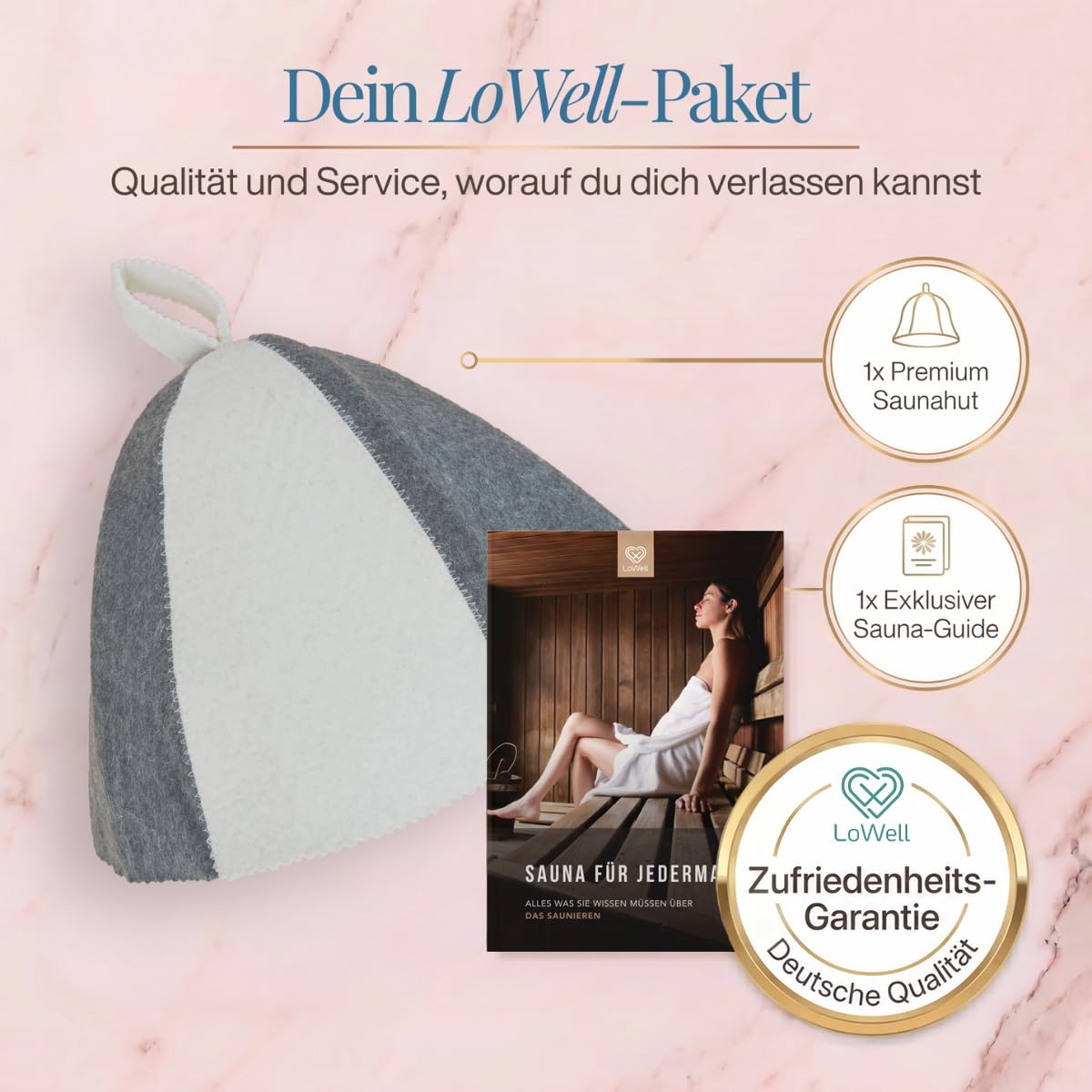 Saunahut „Grau/Weiß“ unter der Überschrift „Dein LoWell-Paket“, daneben ein LoWell-Abzeichen