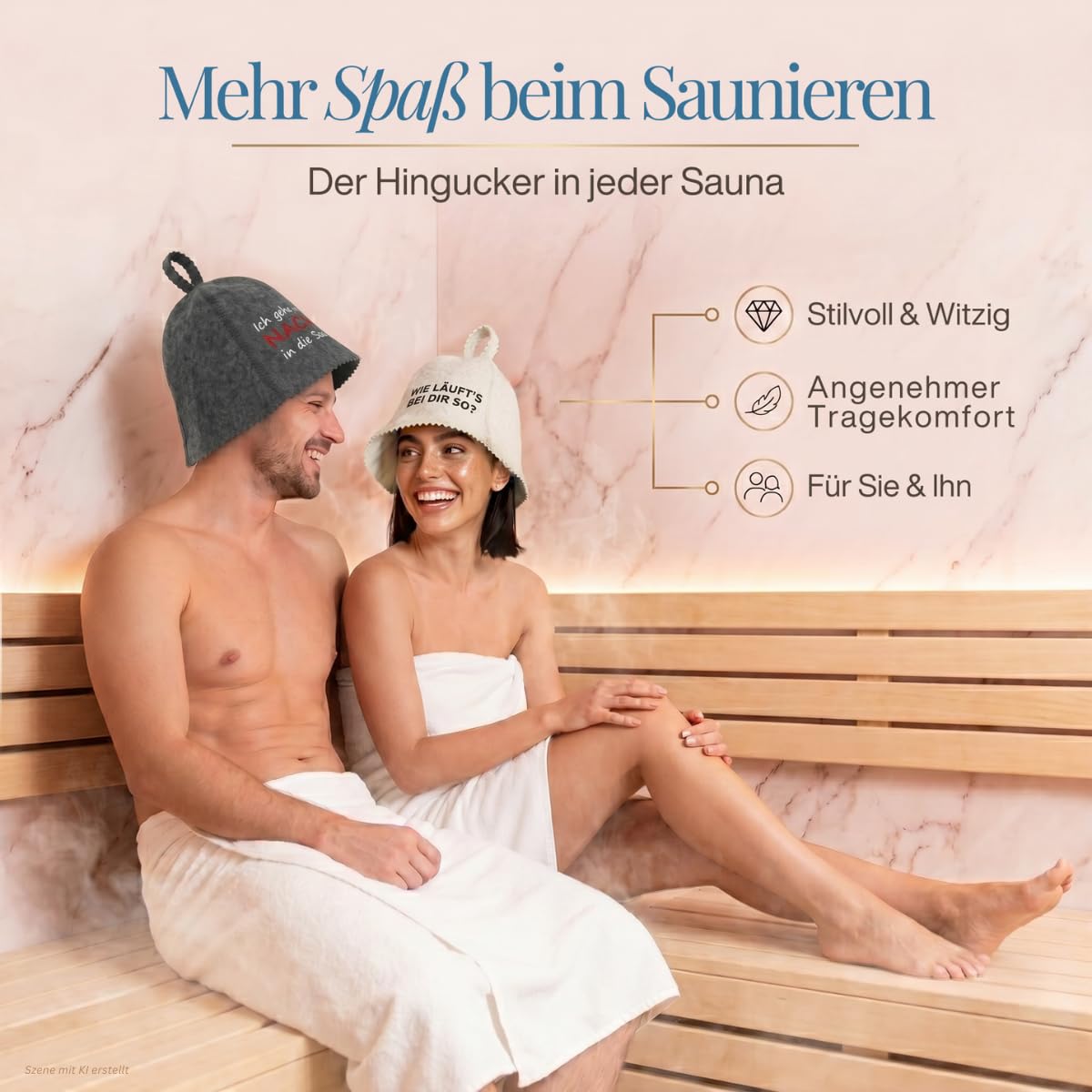 Paar auf einer Saunabank, er mit Saunahut „Ich gehe nicht nackig in die Sauna!“, sie mit Saunahut „Wie läuft’s bei dir so?“