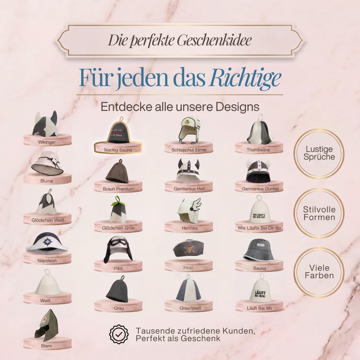 Übersicht von 21 Saunahut-Designs auf Podesten, das Modell „Ich gehe nicht nackig in die Sauna!“ ist hervorgehoben