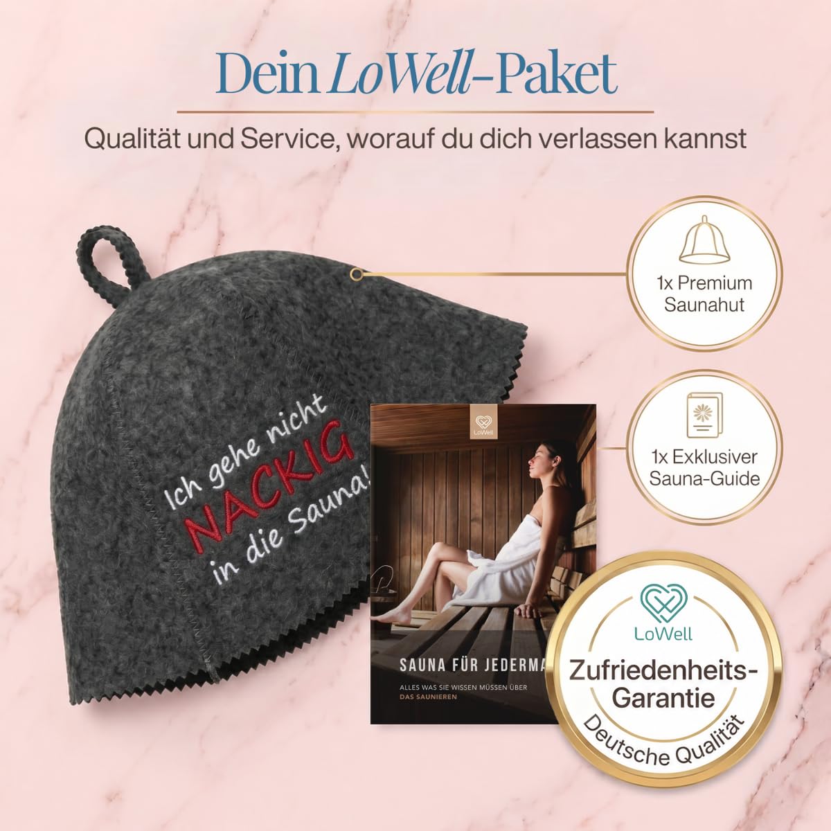 Saunahut „Ich gehe nicht nackig in die Sauna!“ unter der Überschrift „Dein LoWell-Paket“, daneben ein LoWell-Abzeichen