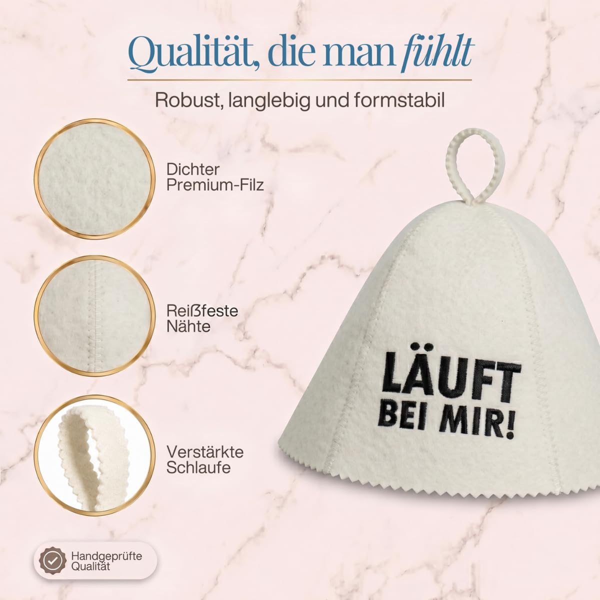 Saunahut „Läuft bei mir!“ freigestellt mit drei Nahaufnahmen von Filz, Naht und Schlaufe