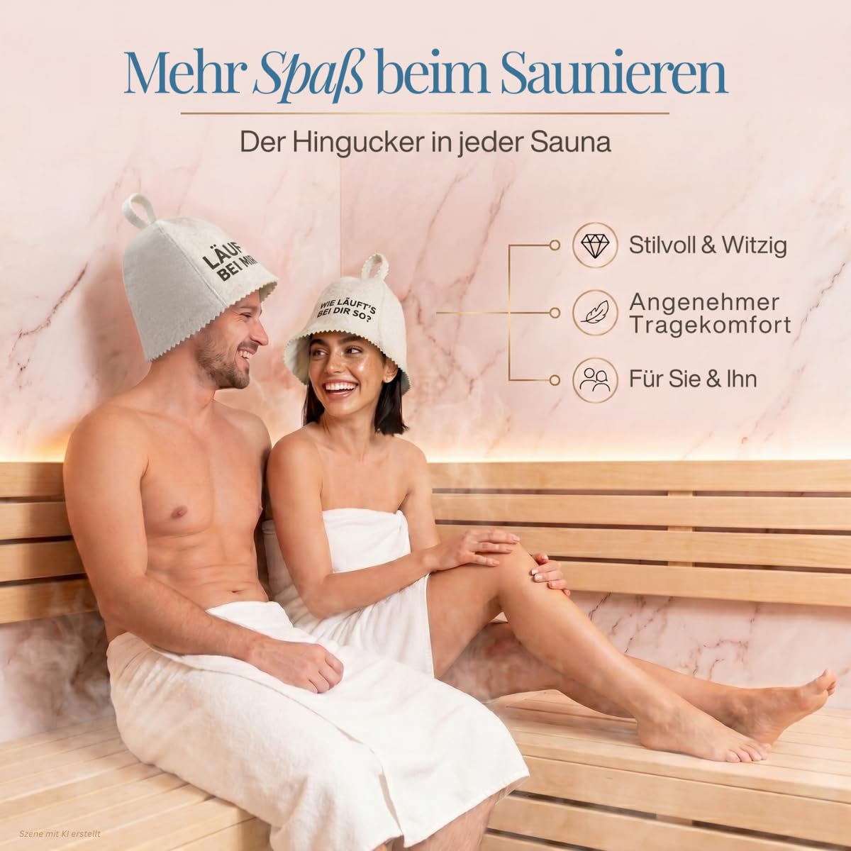 Paar auf einer Saunabank, er mit Saunahut „Läuft bei mir!“, sie mit Saunahut „Wie läuft’s bei dir so?“