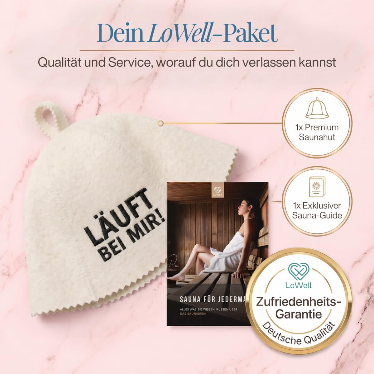 Saunahut „Läuft bei mir!“ unter der Überschrift „Dein LoWell-Paket“, daneben ein LoWell-Abzeichen